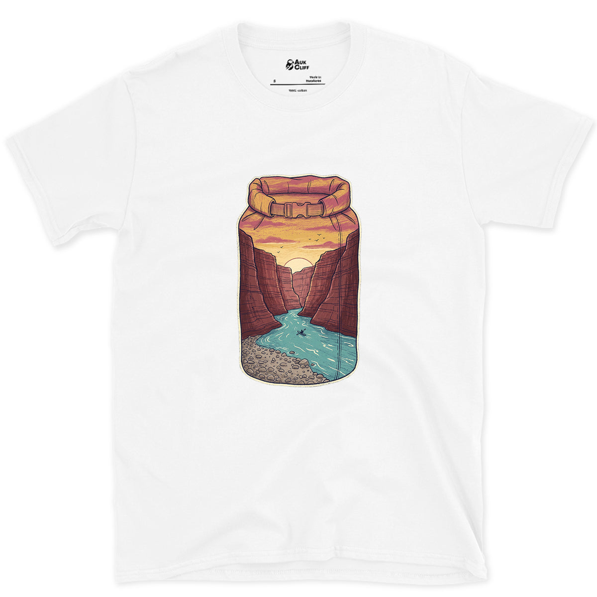 River Gorge at Sunset, Kayaker's Dry Bag design on a White Gildan Softstyle t-shirt