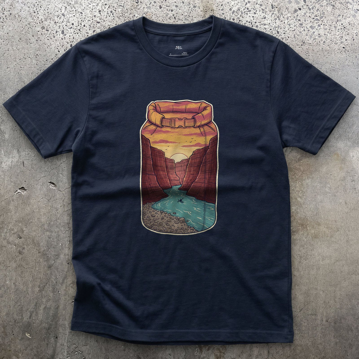 River Gorge at Sunset, Kayaker's Dry Bag design on a Navy Gildan Softstyle t-shirt