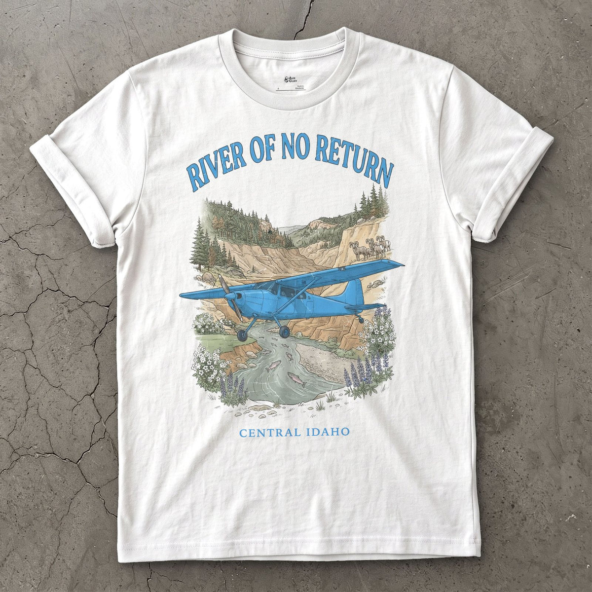 River of No Return Bush Plane design on a White Gildan Softstyle t-shirt