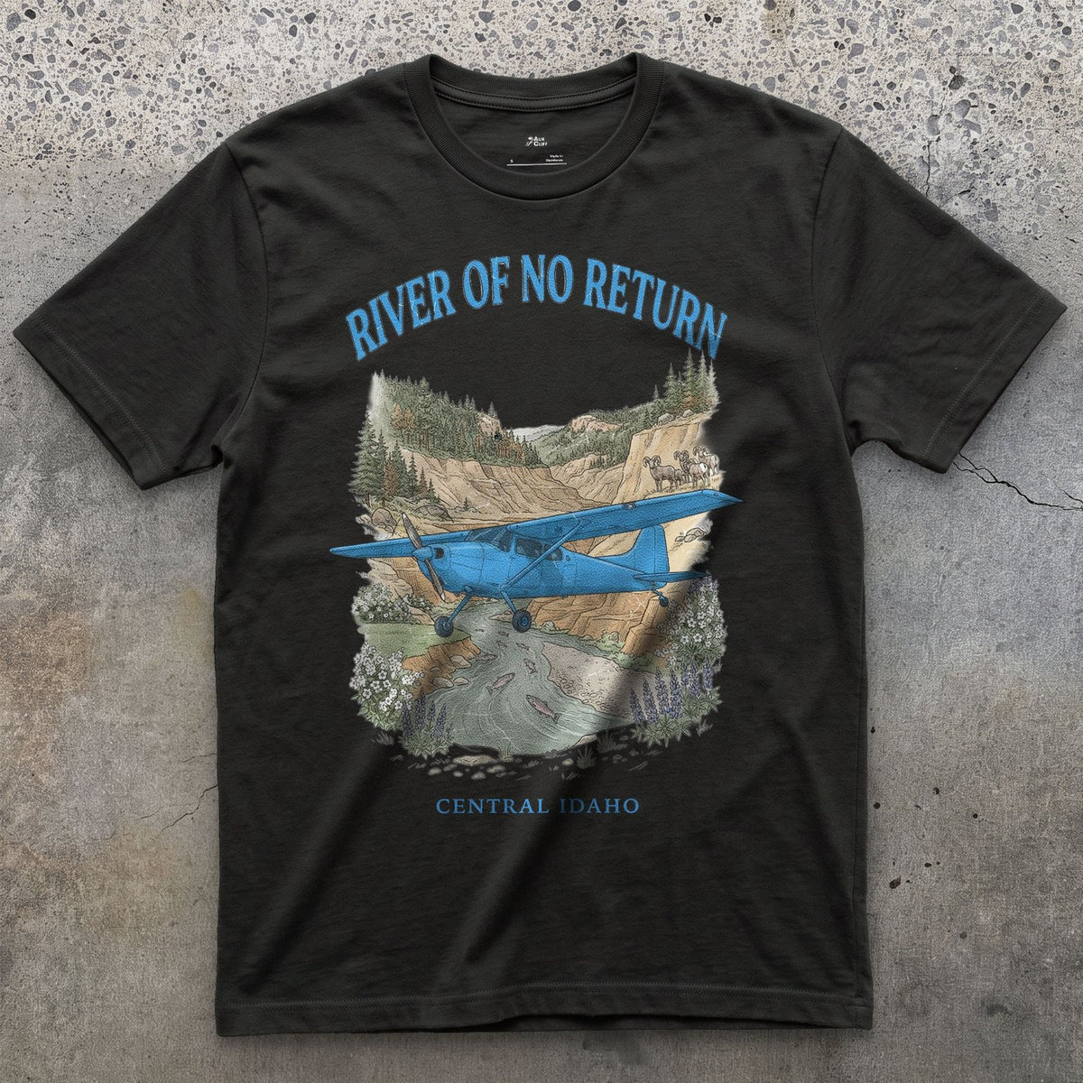 River of No Return Bush Plane design on a Black Gildan Softstyle t-shirt