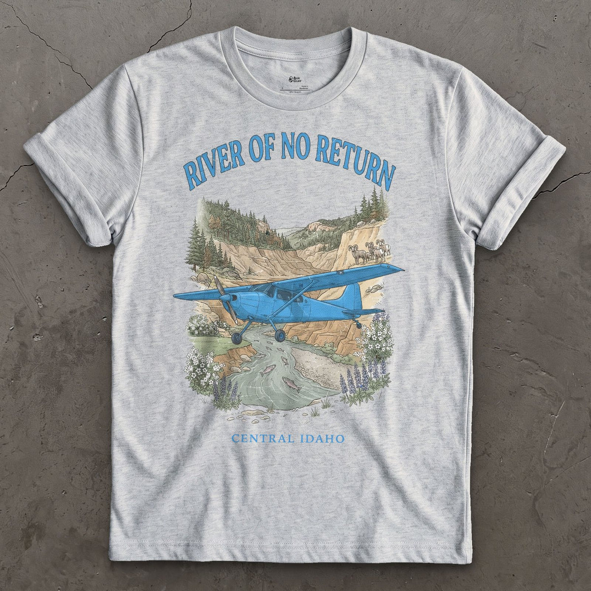 River of No Return Bush Plane design on a Sport Grey Gildan Softstyle t-shirt
