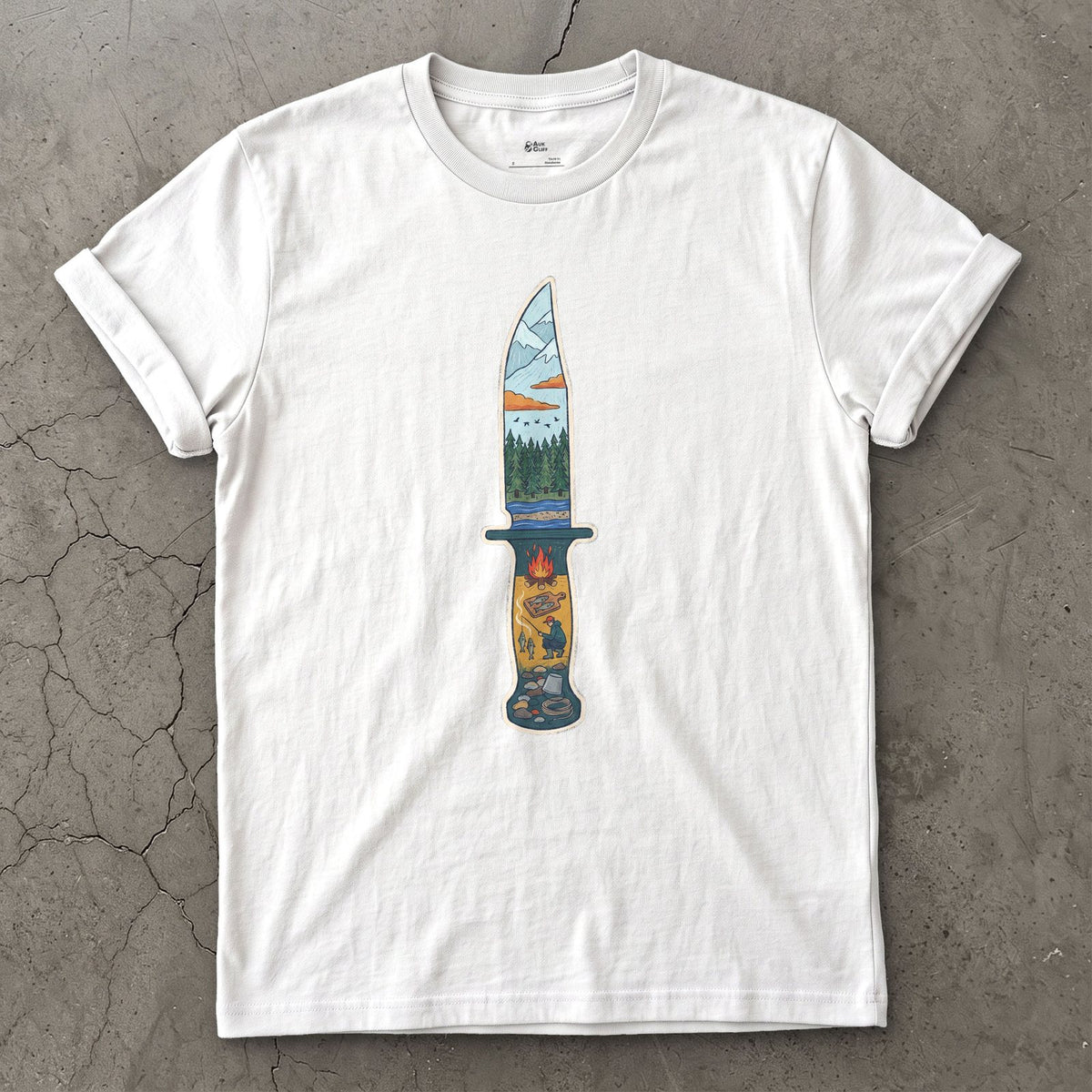 Riverside Camp at Dusk, Sheath Knife design on a White Gildan Softstyle t-shirt