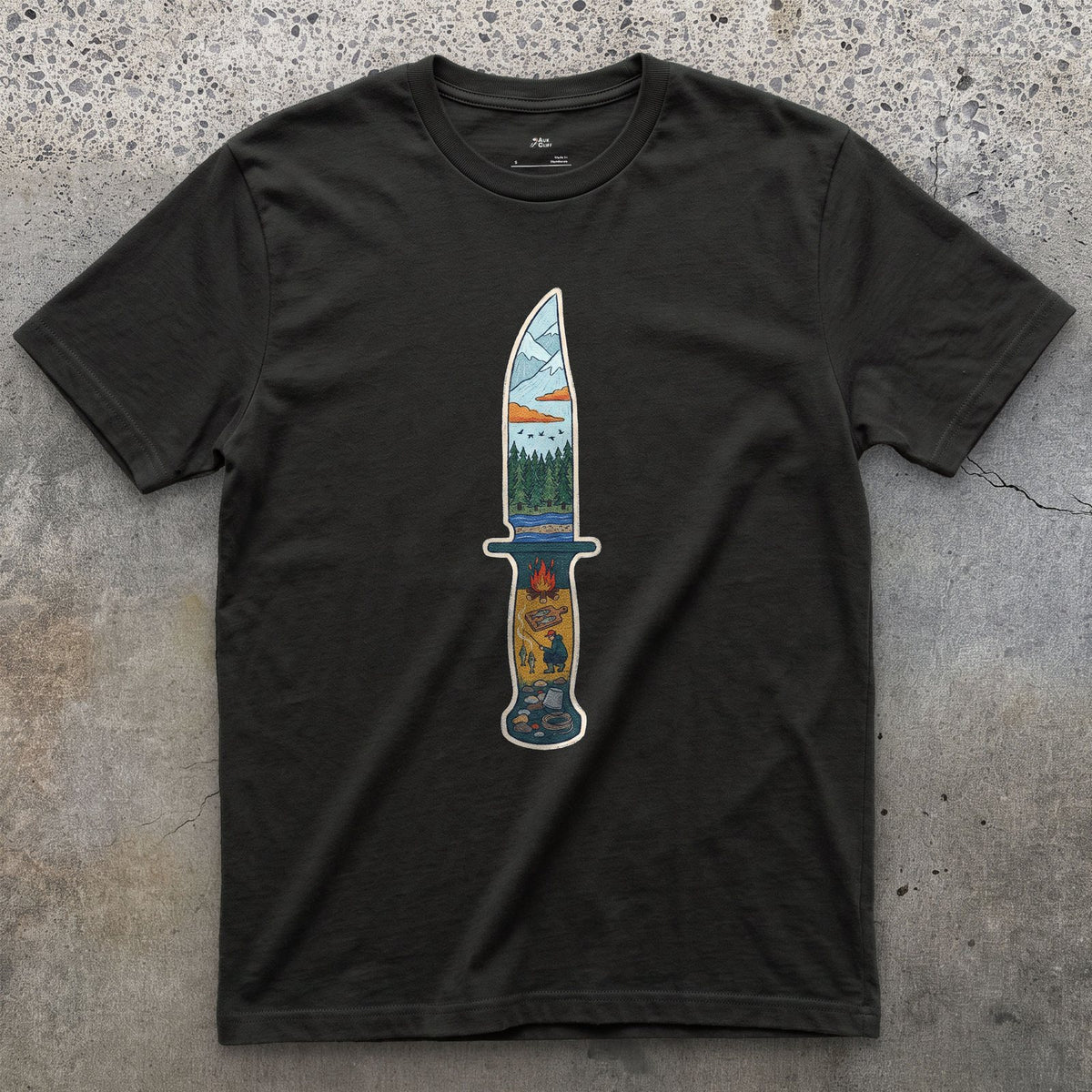 Riverside Camp at Dusk, Sheath Knife design on a Black Gildan Softstyle t-shirt