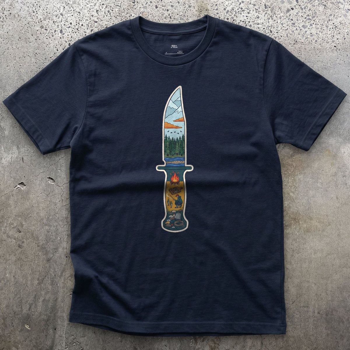Riverside Camp at Dusk, Sheath Knife design on a Navy Gildan Softstyle t-shirt