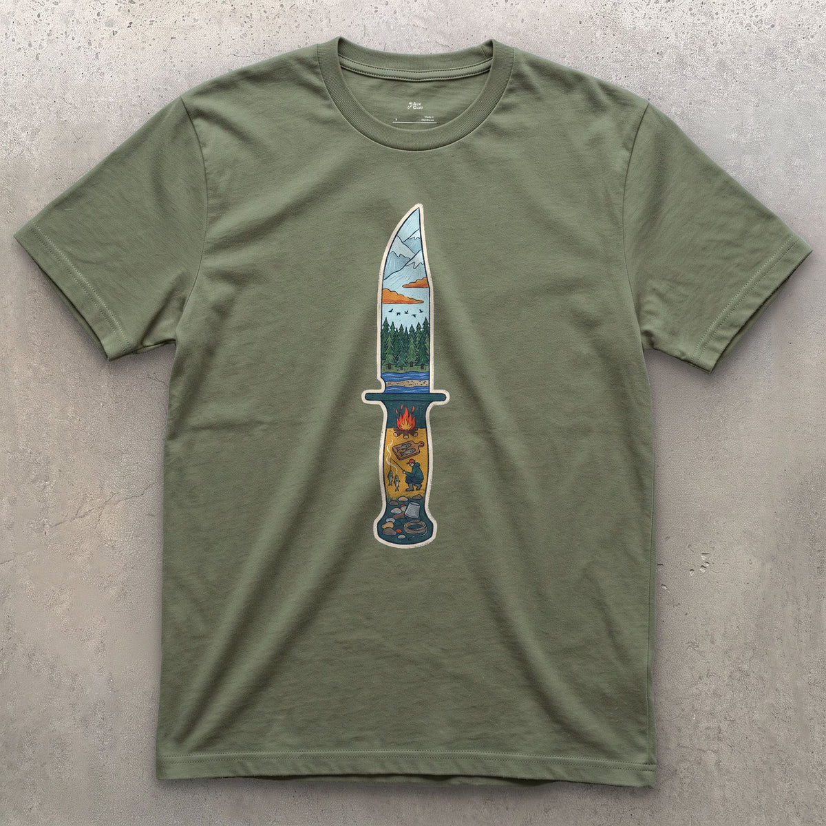 Riverside Camp at Dusk, Sheath Knife design on a Military Green Gildan Softstyle t-shirt