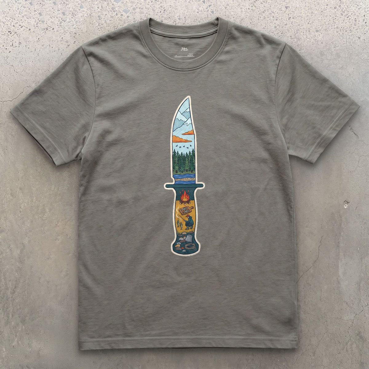 Riverside Camp at Dusk, Sheath Knife design on a Charcoal Gildan Softstyle t-shirt