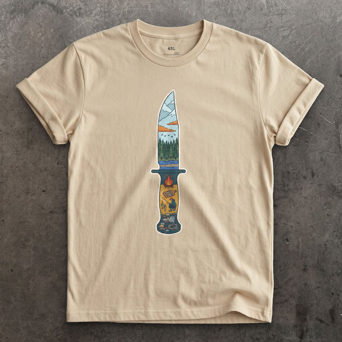 Riverside Camp at Dusk, Sheath Knife design on a Sand Gildan Softstyle t-shirt