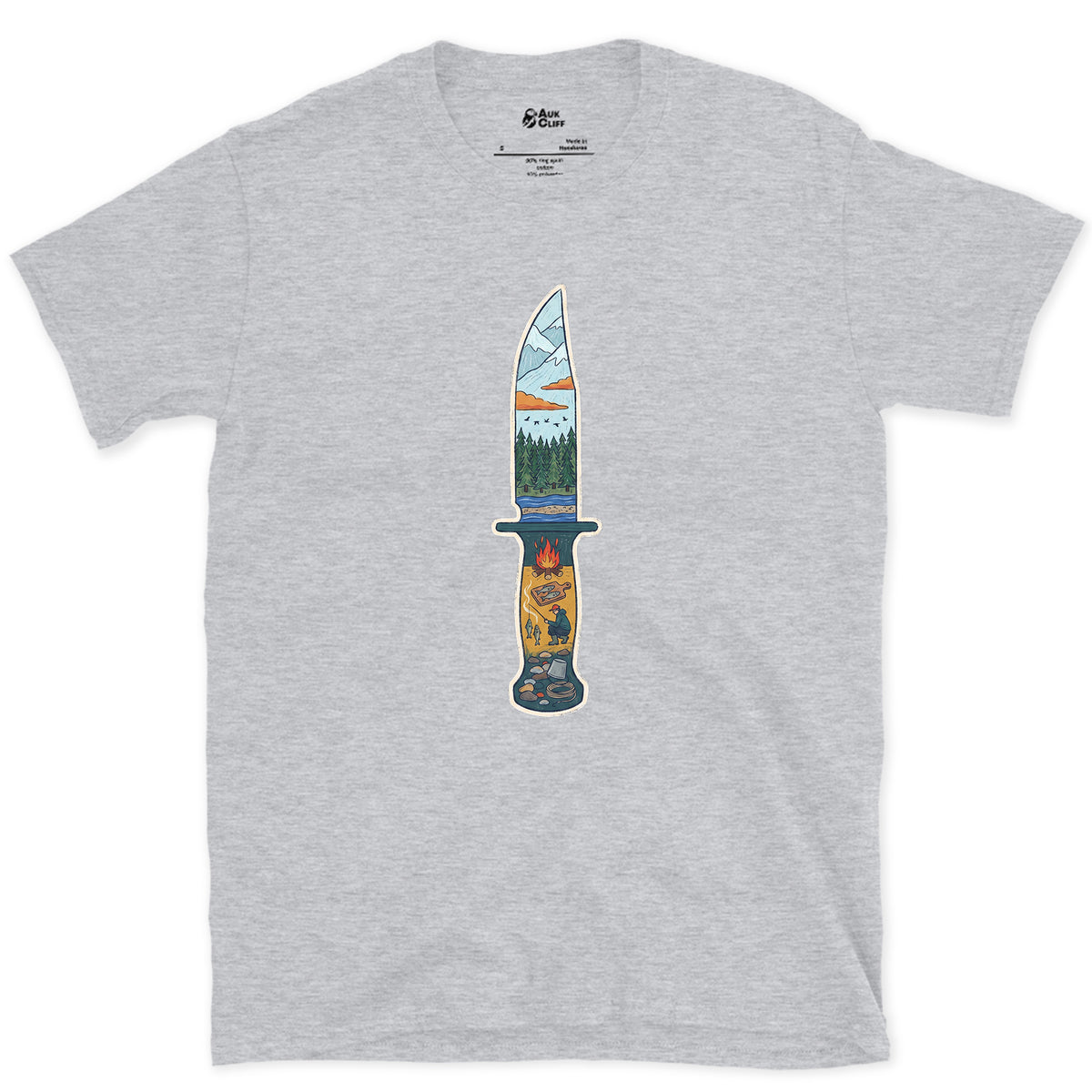Riverside Camp at Dusk, Sheath Knife design on a Sport Grey Gildan Softstyle t-shirt
