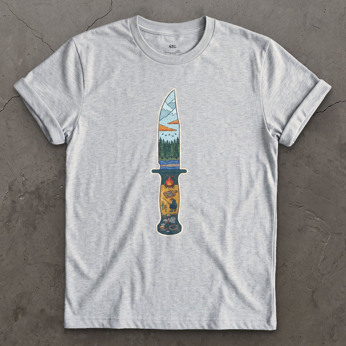 Riverside Camp at Dusk, Sheath Knife design on a Sport Grey Gildan Softstyle t-shirt