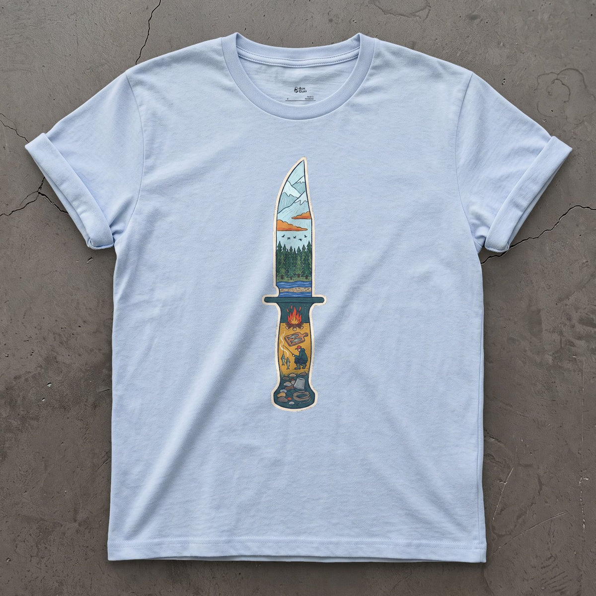 Riverside Camp at Dusk, Sheath Knife design on a Light Blue Gildan Softstyle t-shirt