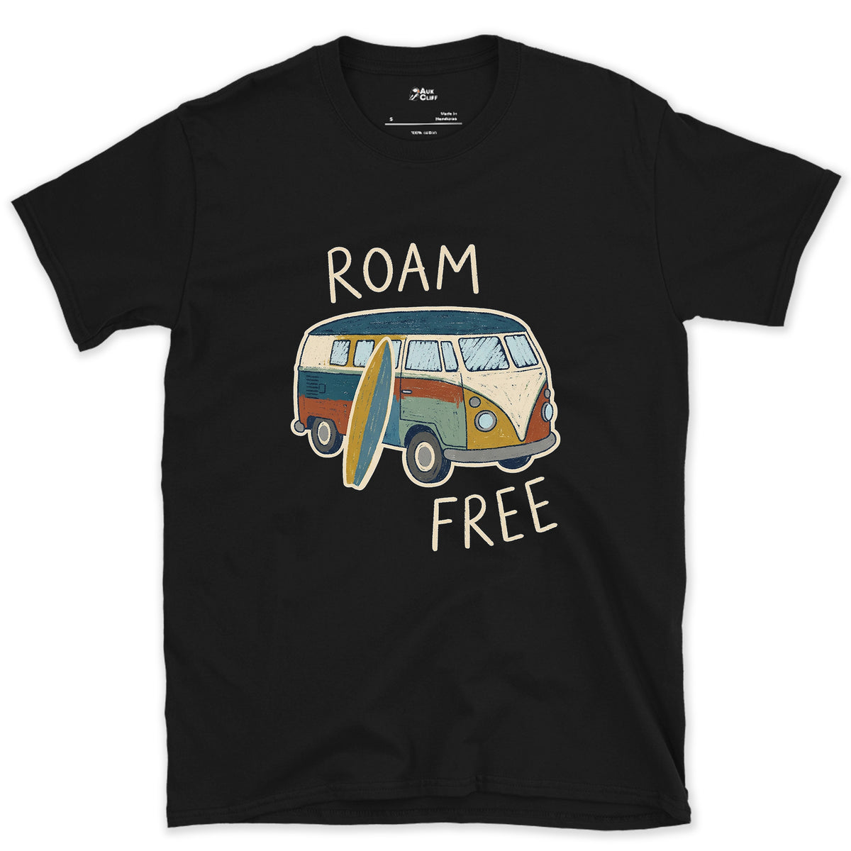 Roam Free in a VW Bus With a Board design on a Black Gildan Softstyle t-shirt