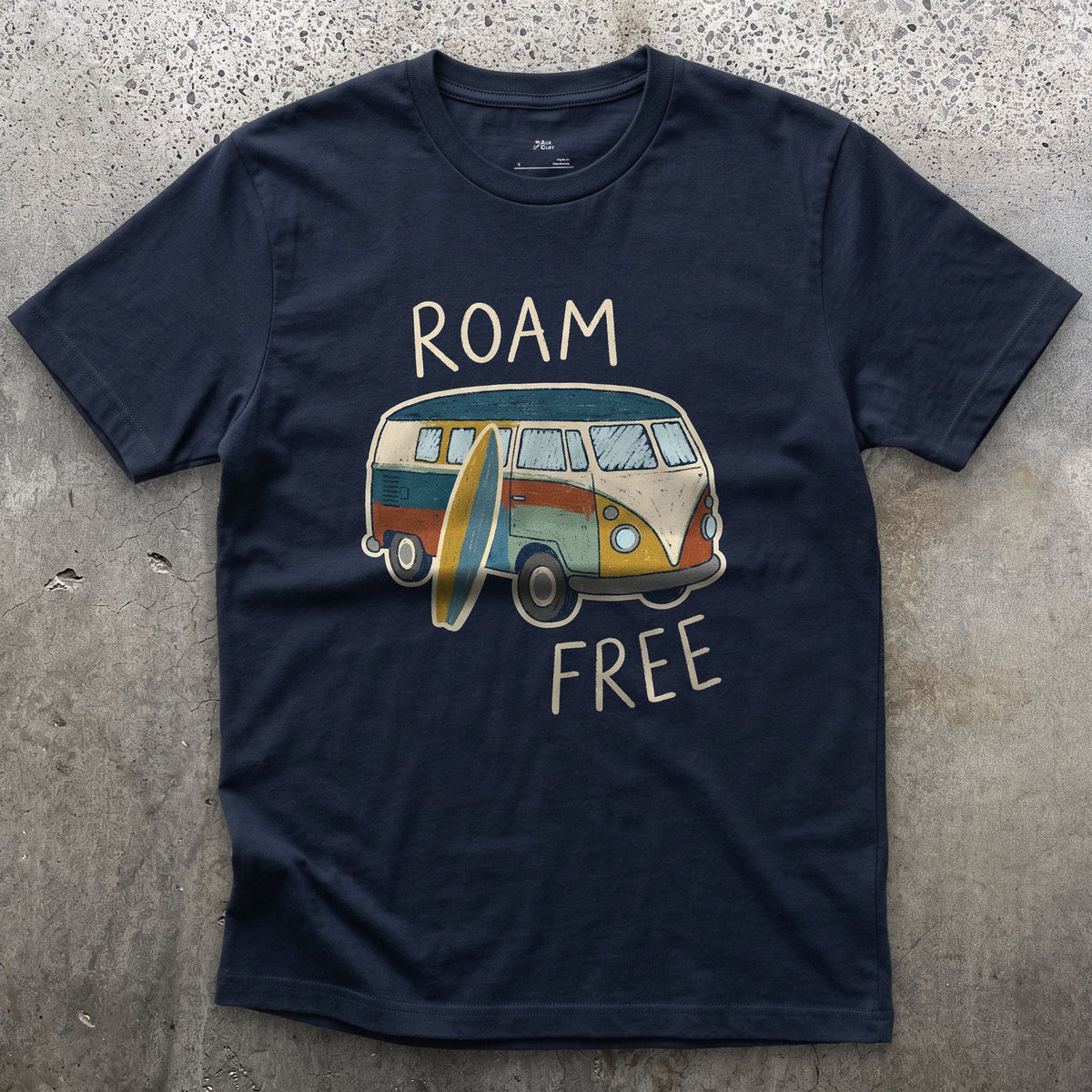 Roam Free in a VW Bus With a Board design on a Navy Gildan Softstyle t-shirt