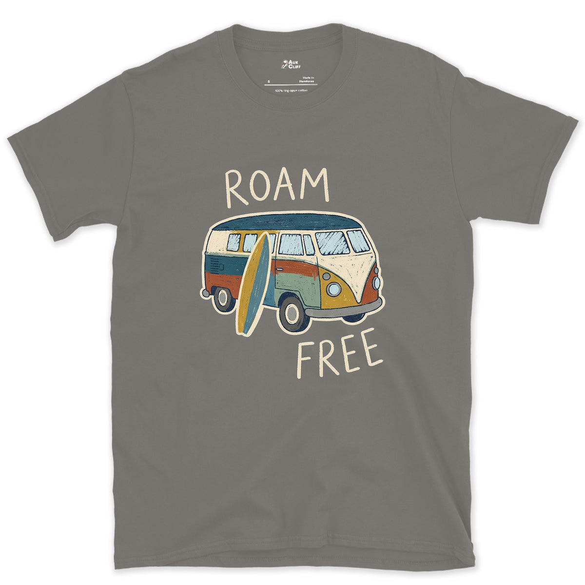 Roam Free in a VW Bus With a Board design on a Charcoal Gildan Softstyle t-shirt