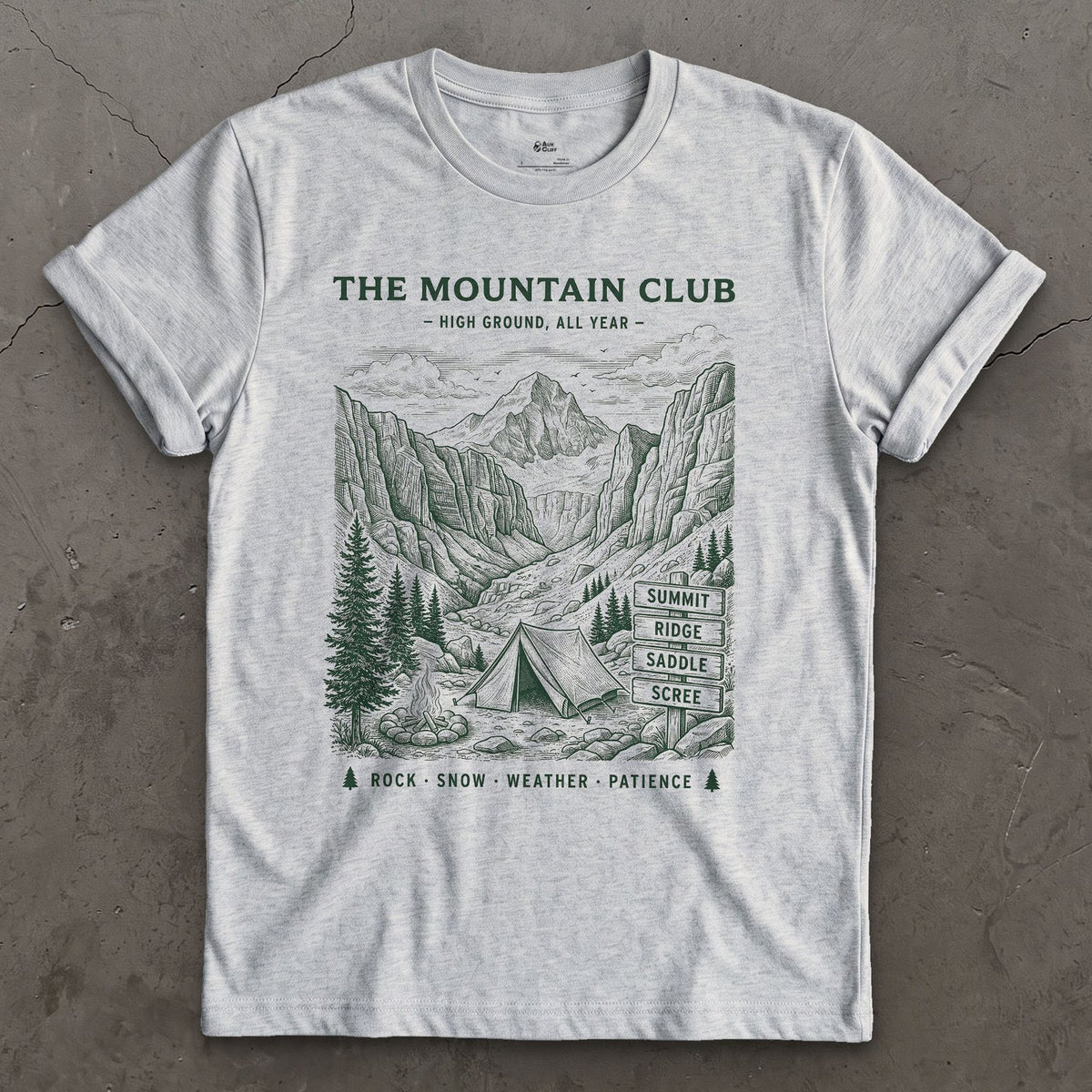 Rock Snow Weather Patience, Mountain Tent and Campfire design on a Sport Grey Gildan Softstyle t-shirt