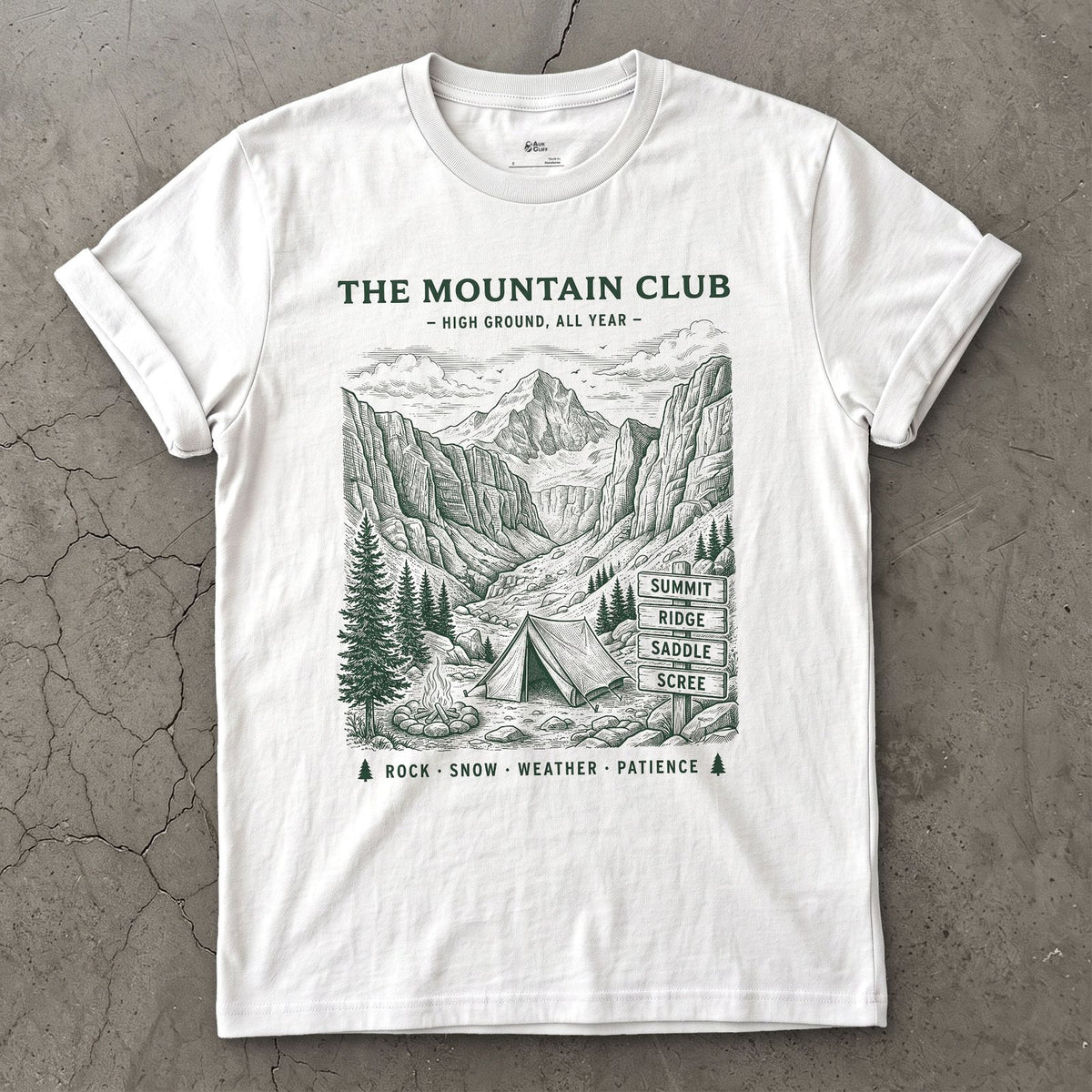Rock Snow Weather Patience, Mountain Tent and Campfire design on a White Gildan Softstyle t-shirt