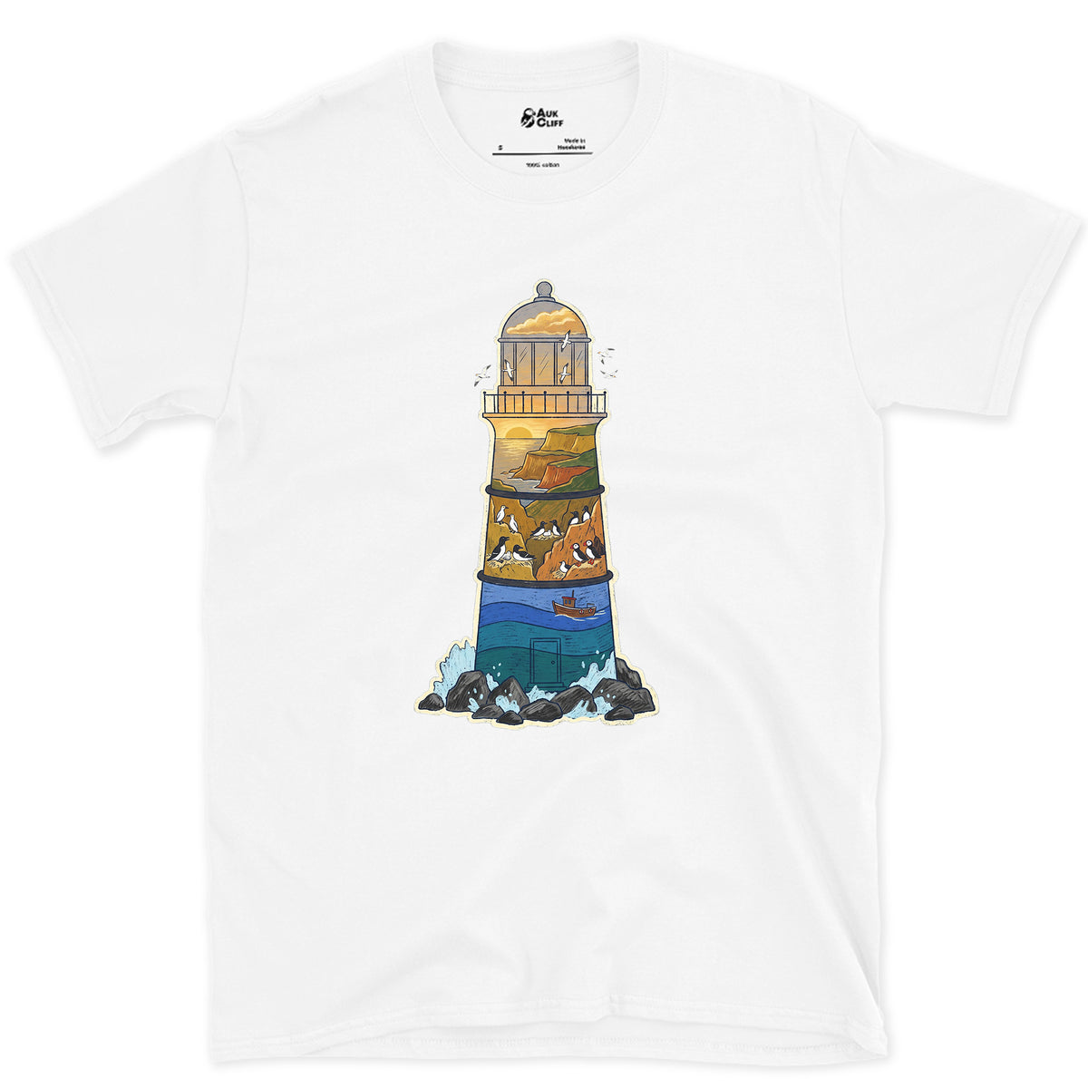 Rocky Headland, Lighthouse design on a White Gildan Softstyle t-shirt