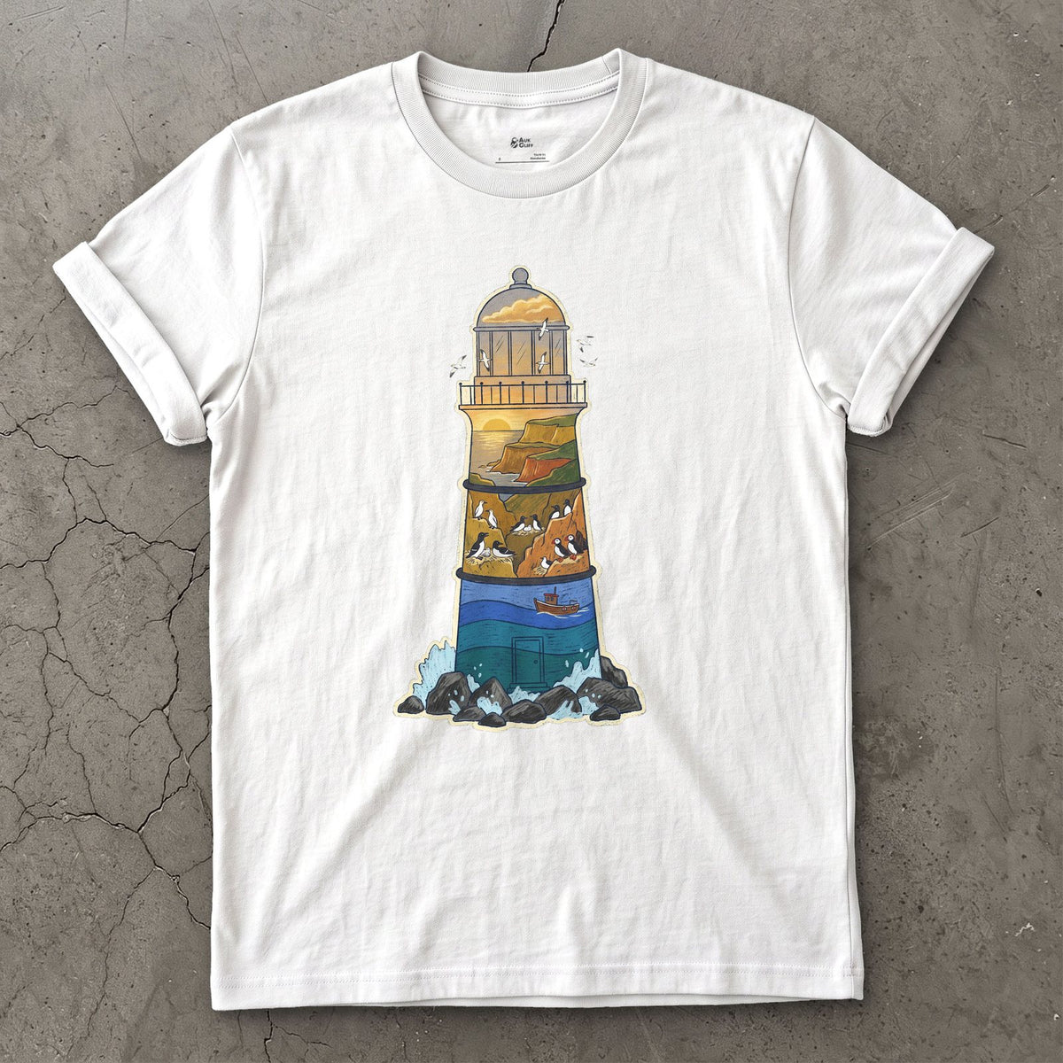 Rocky Headland, Lighthouse design on a White Gildan Softstyle t-shirt