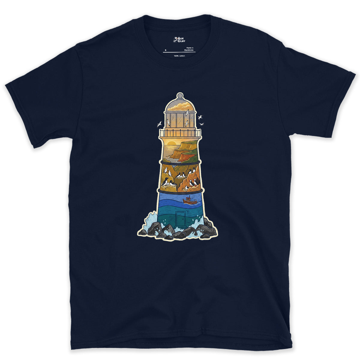 Rocky Headland, Lighthouse design on a Navy Gildan Softstyle t-shirt