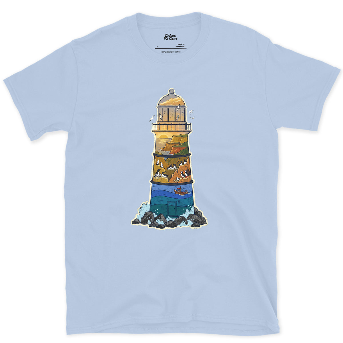 Rocky Headland, Lighthouse design on a Light Blue Gildan Softstyle t-shirt