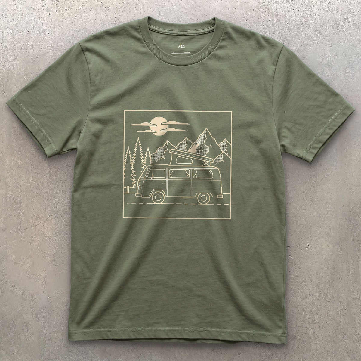 Roof Popped Under Pines and a Rising Moon design on a Military Green Gildan Softstyle t-shirt