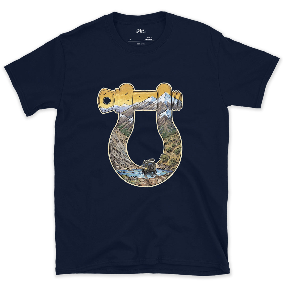 Rough Track Through a Bow Shackle design on a Navy Gildan Softstyle t-shirt