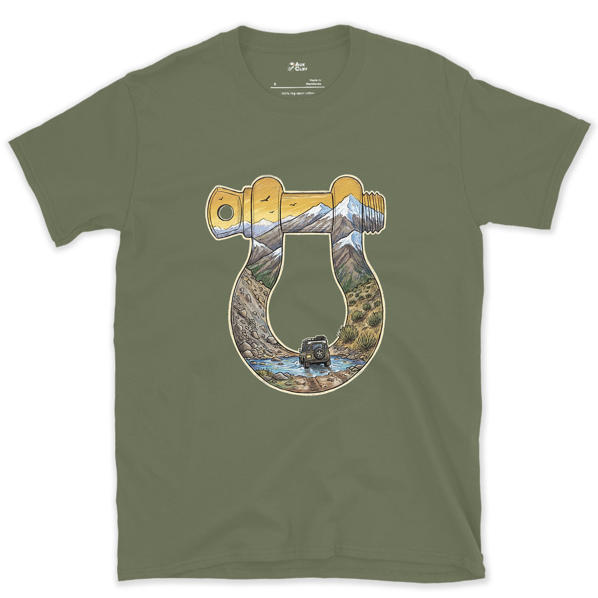 Rough Track Through a Bow Shackle design on a Military Green Gildan Softstyle t-shirt