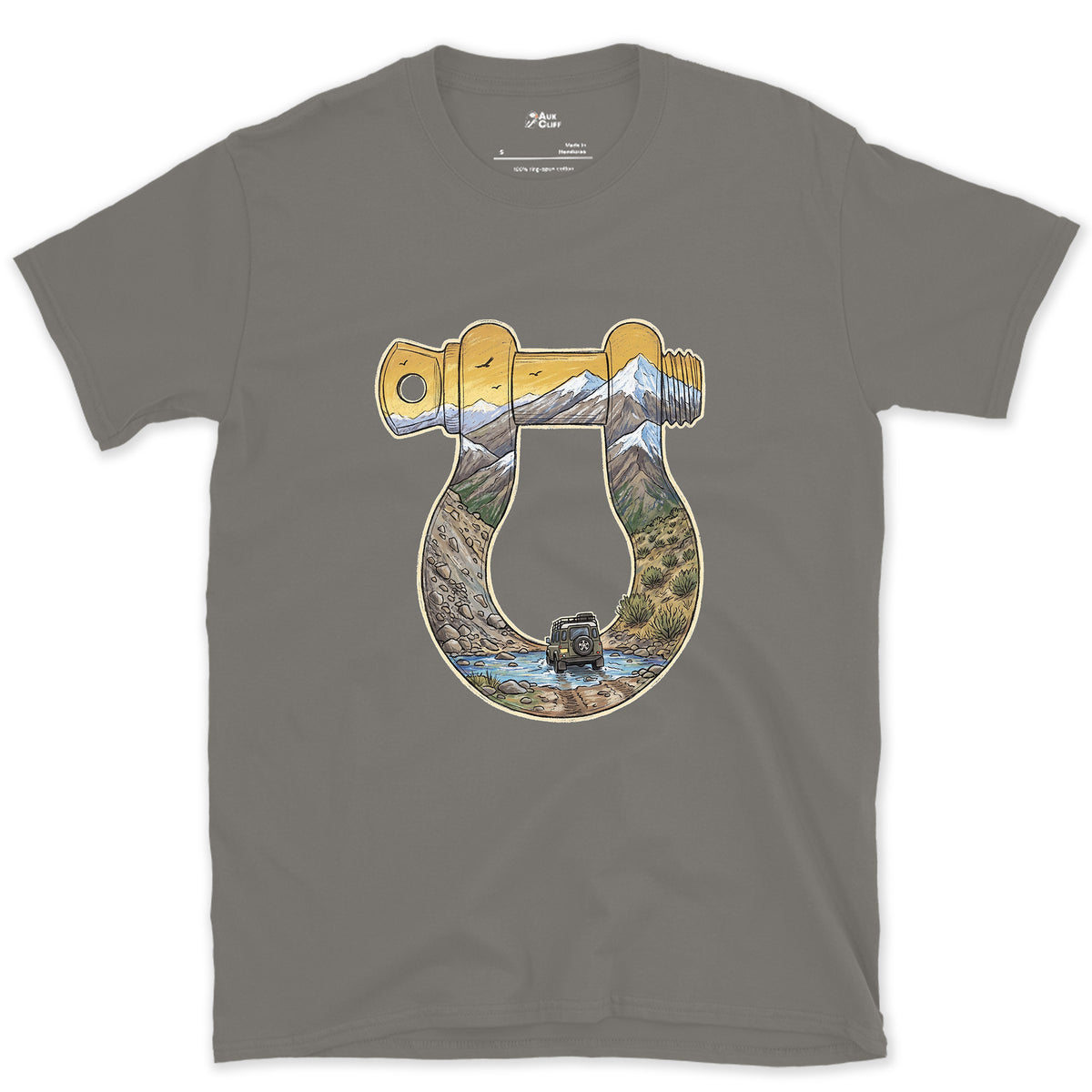 Rough Track Through a Bow Shackle design on a Charcoal Gildan Softstyle t-shirt
