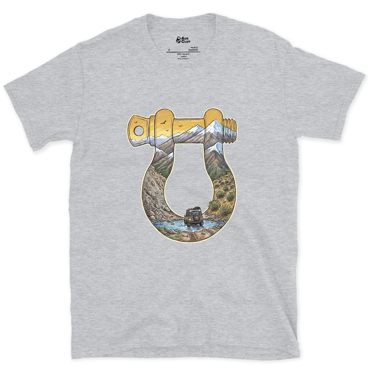 Rough Track Through a Bow Shackle design on a Sport Grey Gildan Softstyle t-shirt