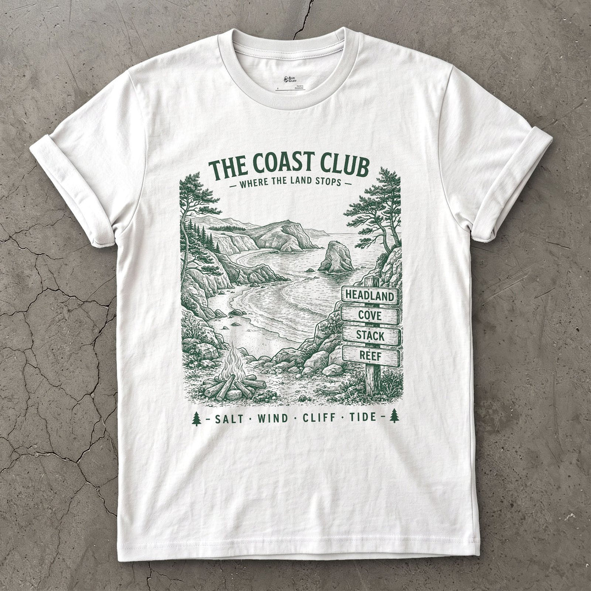 Headland, Cove, Stack, Reef, Campfire design on a White Gildan Softstyle t-shirt