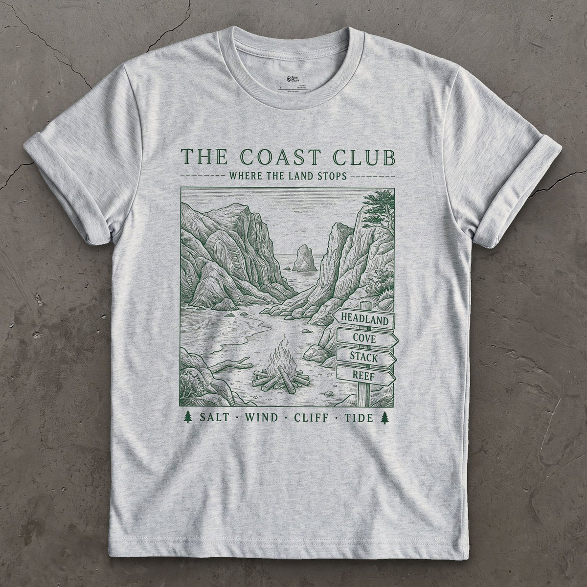 Salt Wind, Cliff, Tide, Sea Stacks design on a Sport Grey Gildan Softstyle t-shirt