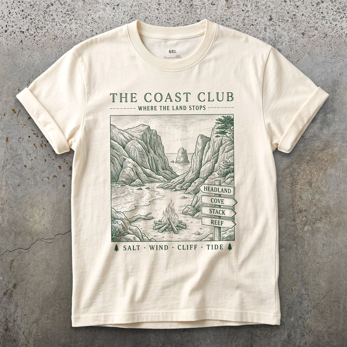 Salt Wind, Cliff, Tide, Sea Stacks design on a Natural Gildan Softstyle t-shirt