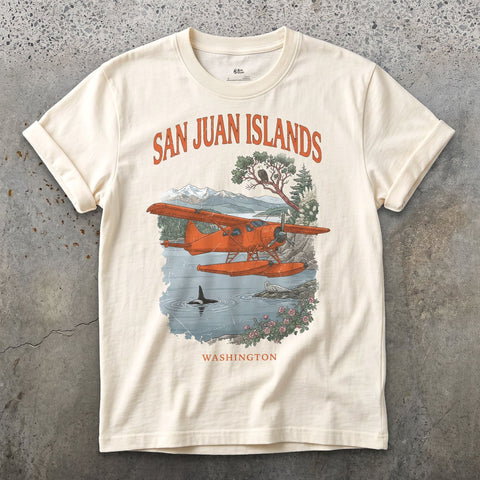 San Juan Islands Bush Plane design on a Natural Gildan Softstyle t-shirt