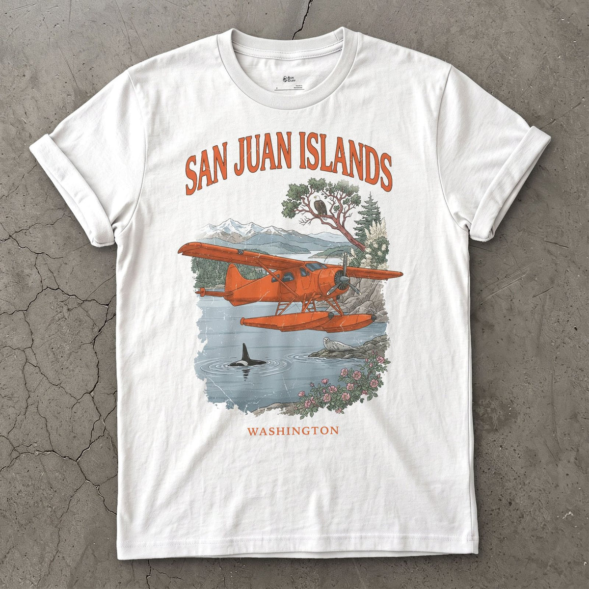 San Juan Islands Bush Plane design on a White Gildan Softstyle t-shirt