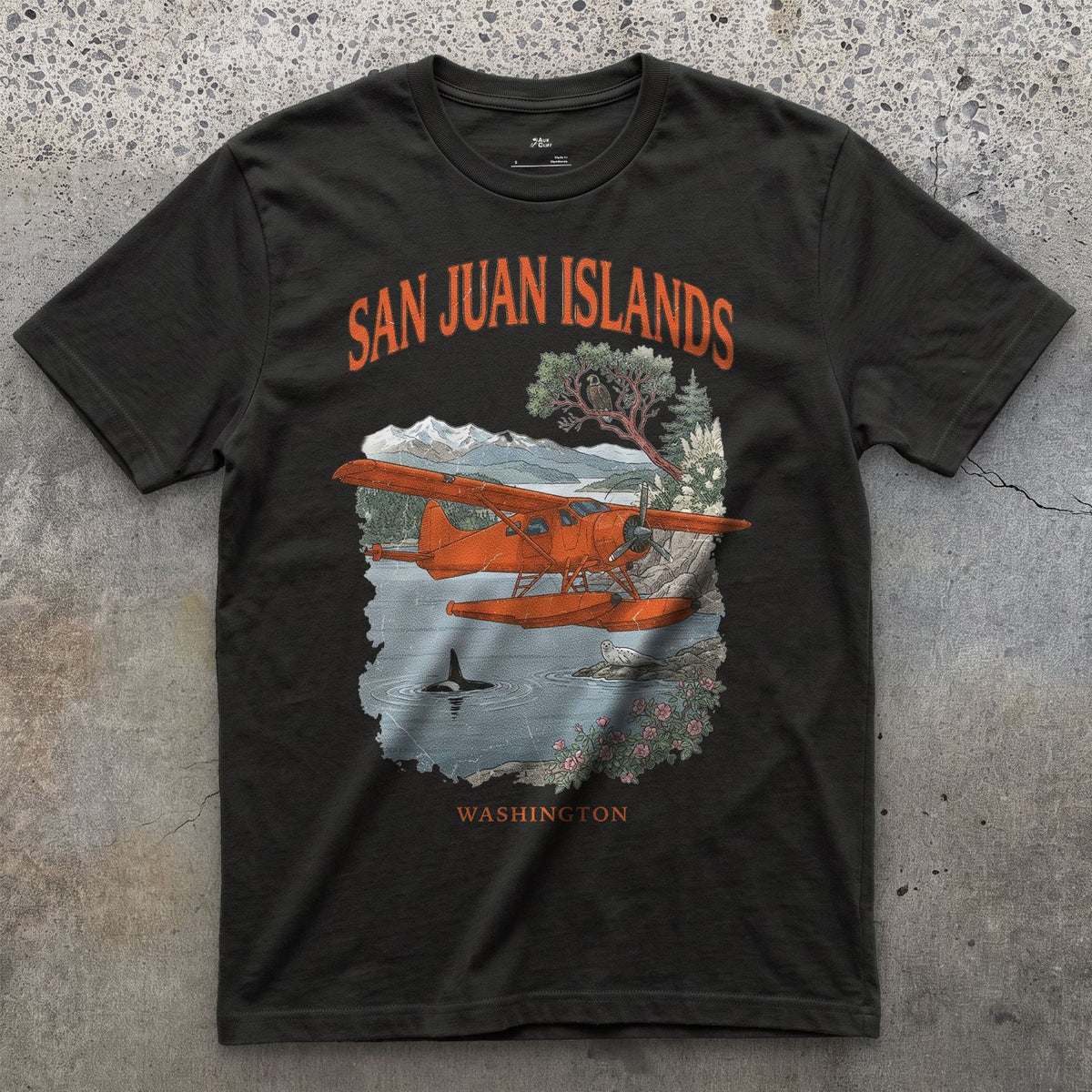 San Juan Islands Bush Plane design on a Black Gildan Softstyle t-shirt