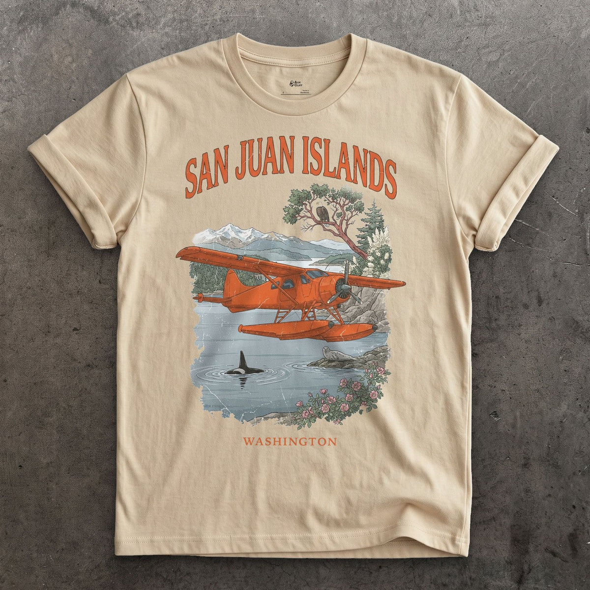 San Juan Islands Bush Plane design on a Sand Gildan Softstyle t-shirt