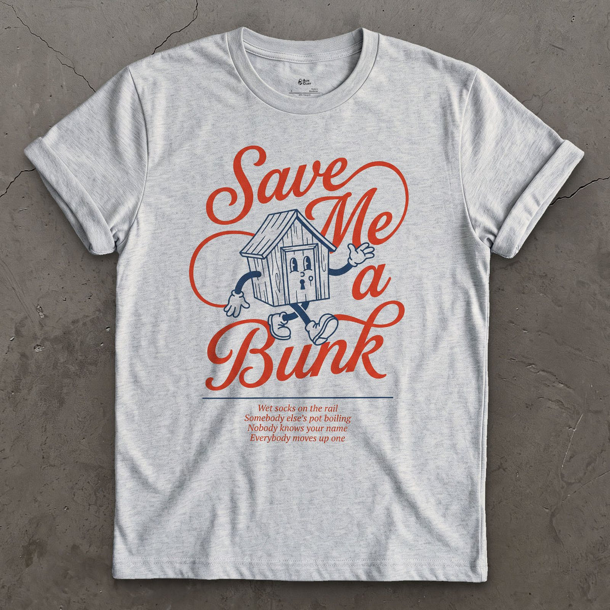 Save Me a Bunk, Camp Cabin Porch design on a Sport Grey Gildan Softstyle t-shirt