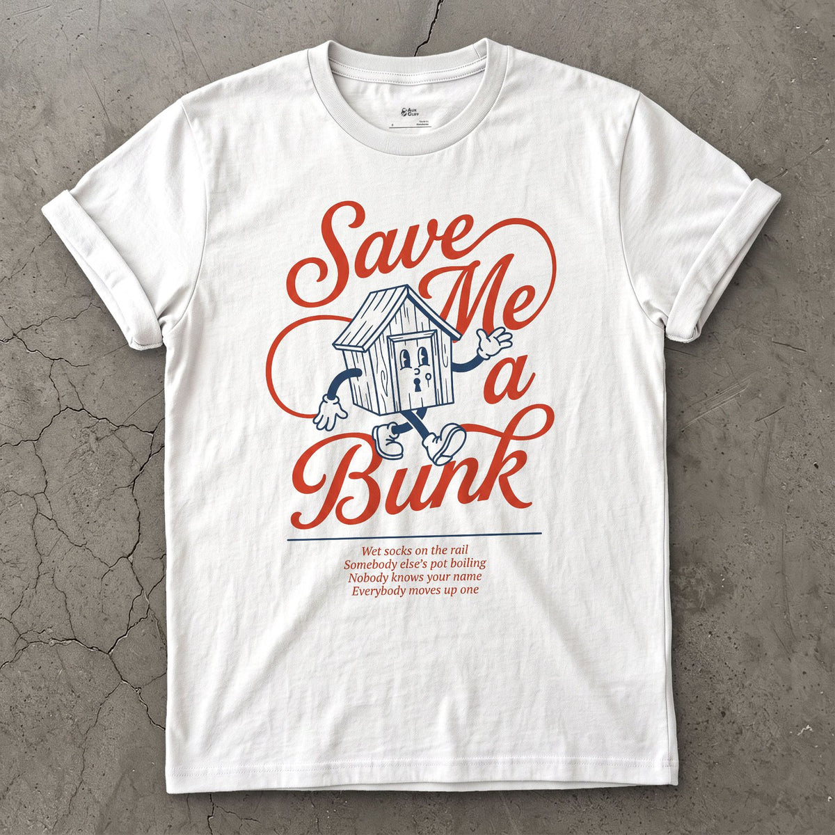 Save Me a Bunk, Camp Cabin Porch design on a White Gildan Softstyle t-shirt