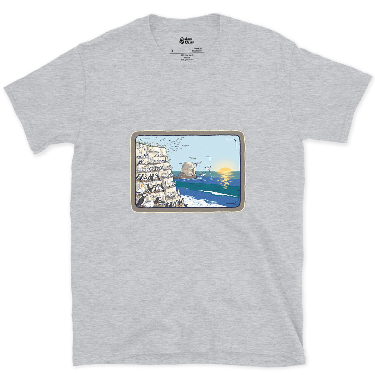 Seabird Colony Through the Viewfinder design on a Sport Grey Gildan Softstyle t-shirt