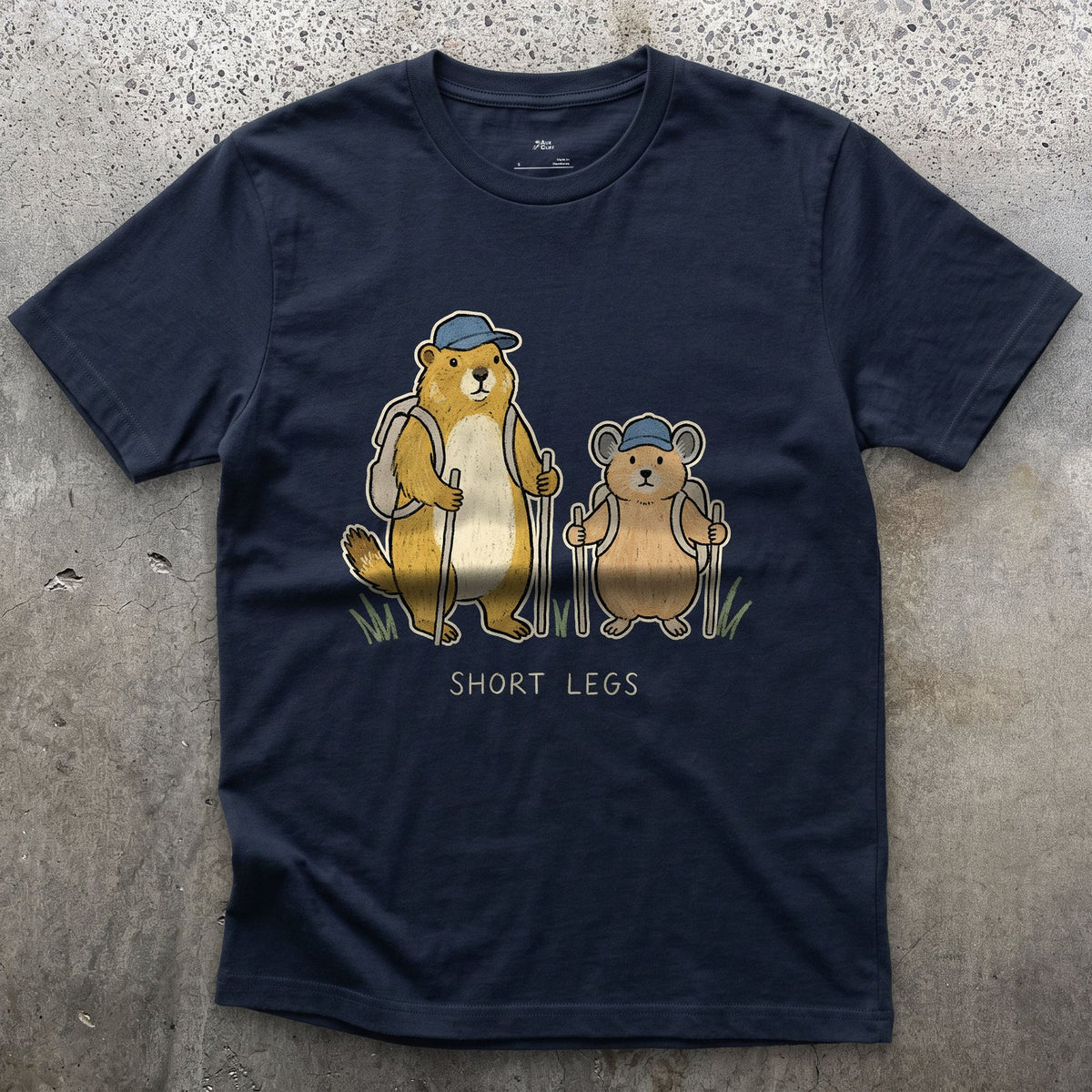 Short Legs, Marmot and Pika Hiking design on a Navy Gildan Softstyle t-shirt