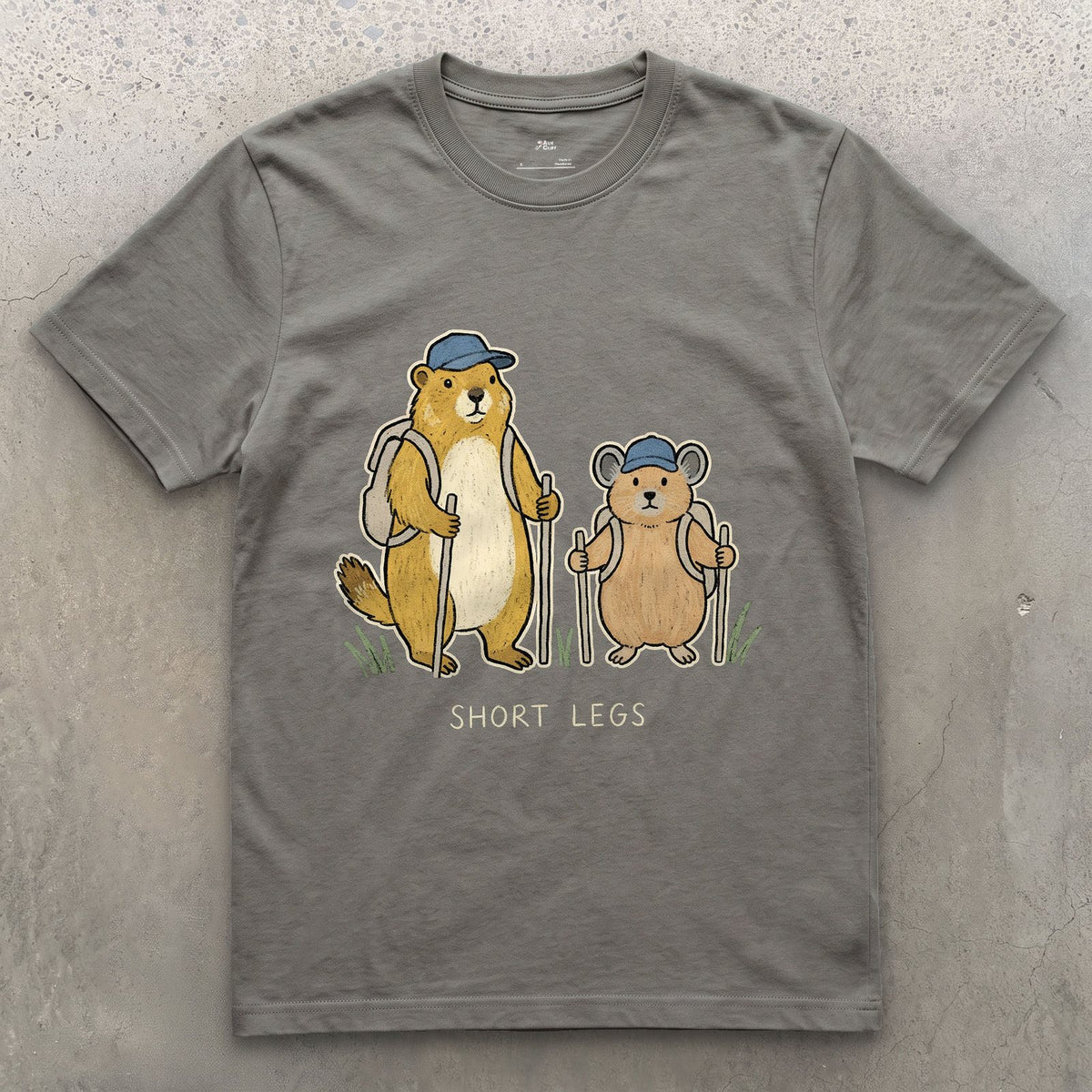 Short Legs, Marmot and Pika Hiking design on a Charcoal Gildan Softstyle t-shirt