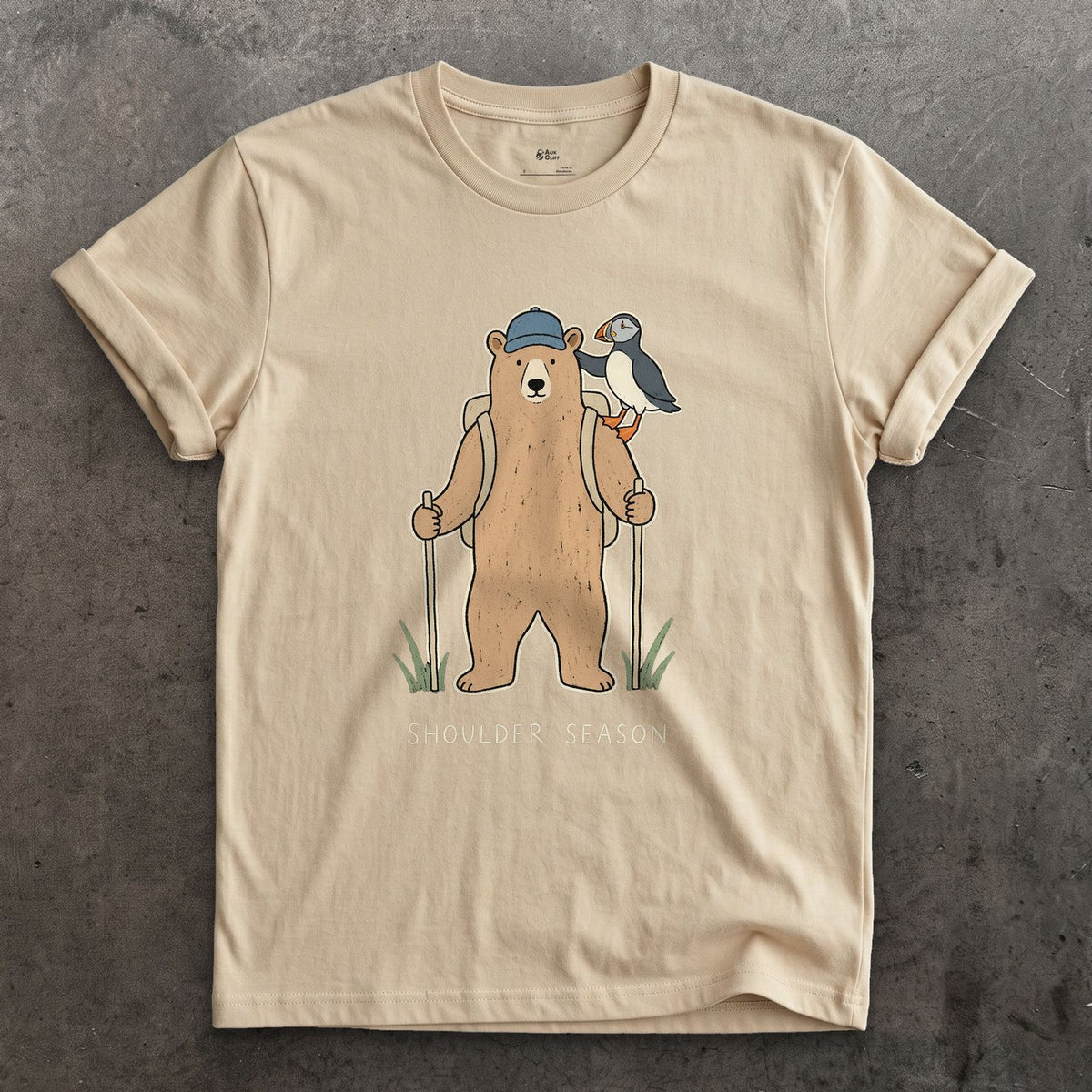 Shoulder Season, Bear and Puffin design on a Sand Gildan Softstyle t-shirt