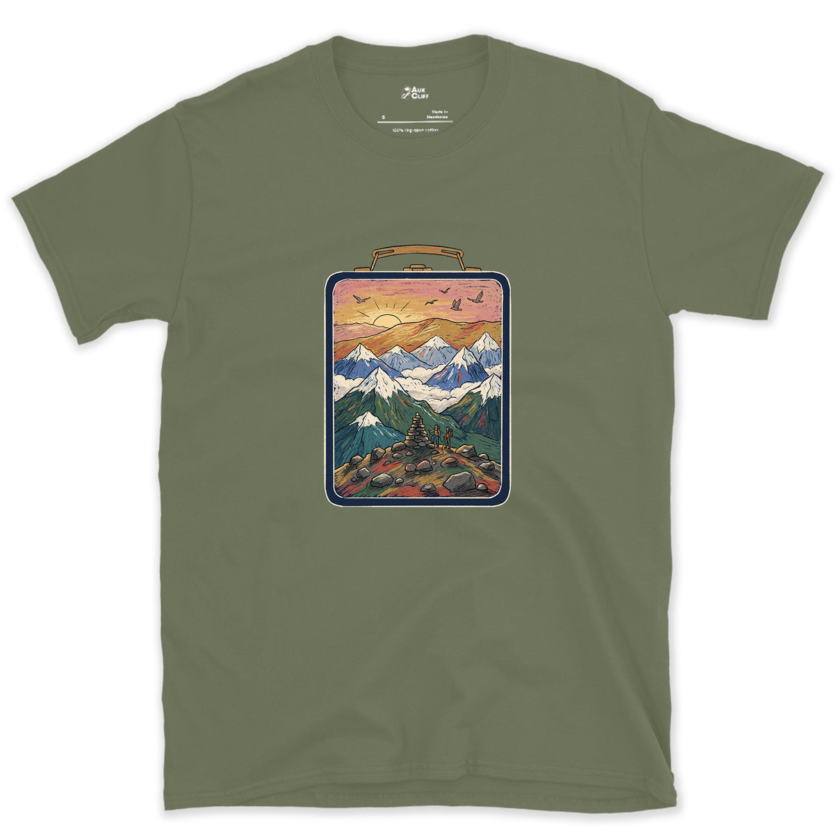 Sign the Summit Register design on a Military Green Gildan Softstyle t-shirt
