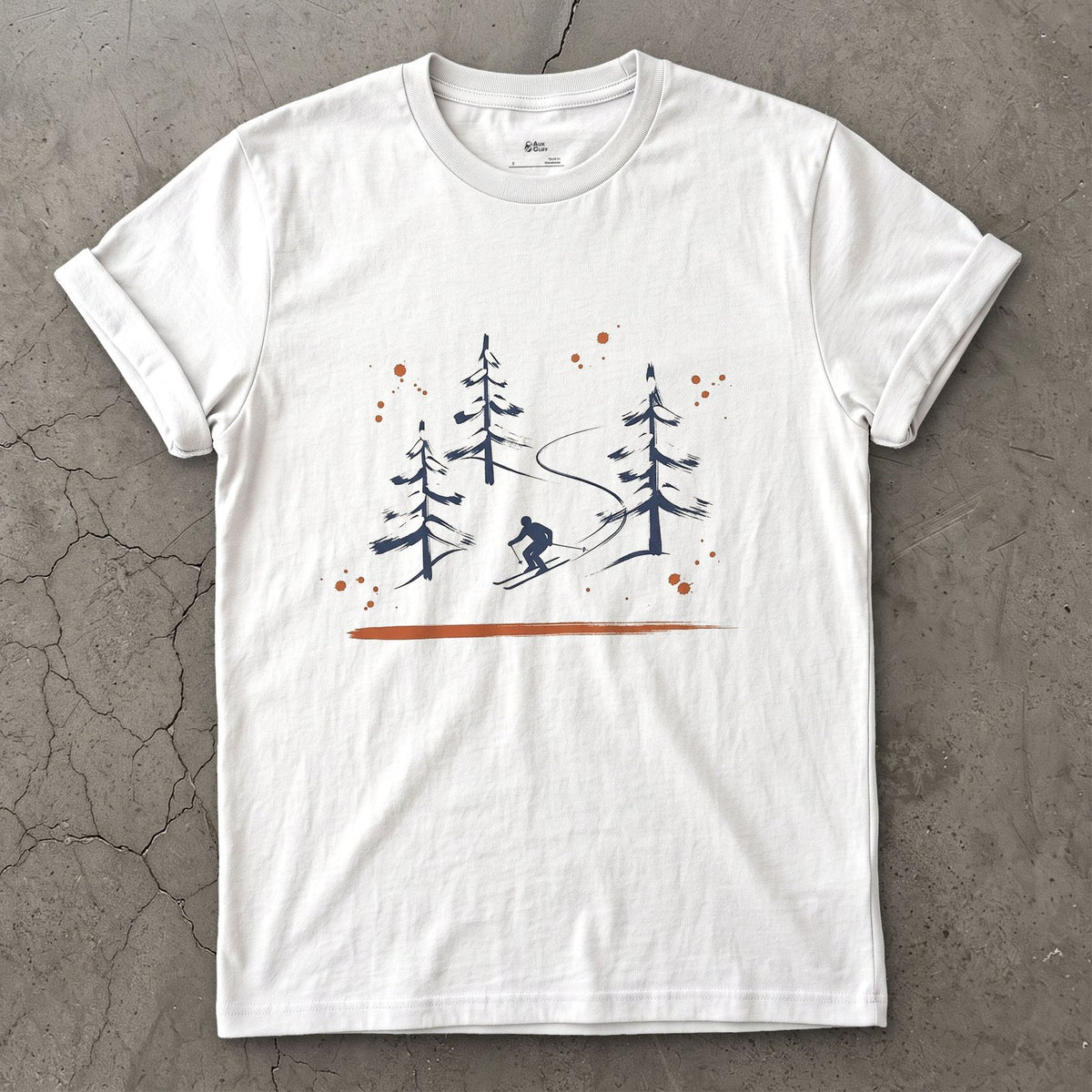 Skier Through the Pines design on a White Gildan Softstyle t-shirt