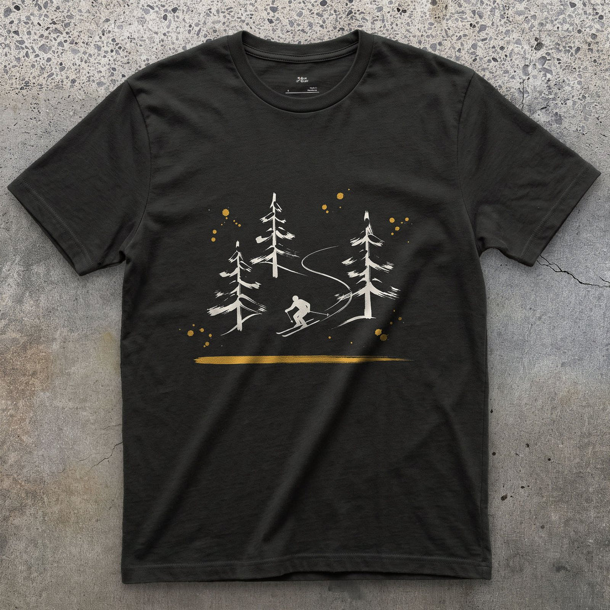 Skier Through the Pines design on a Black Gildan Softstyle t-shirt