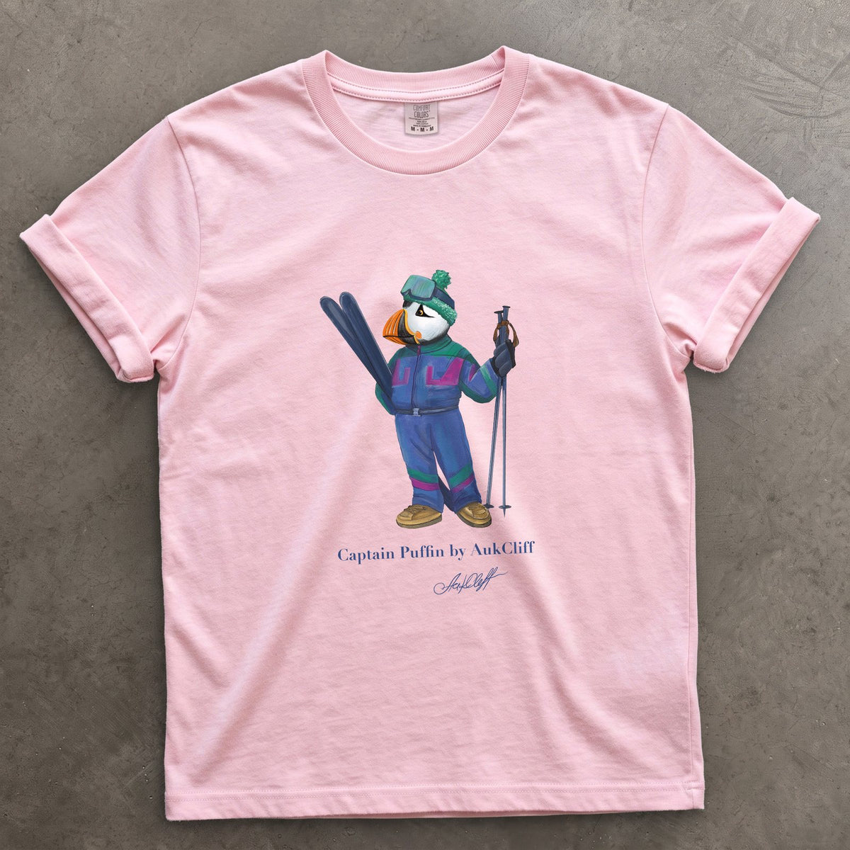 Captain Puffin Retro Ski on a Blossom Comfort Colors t-shirt