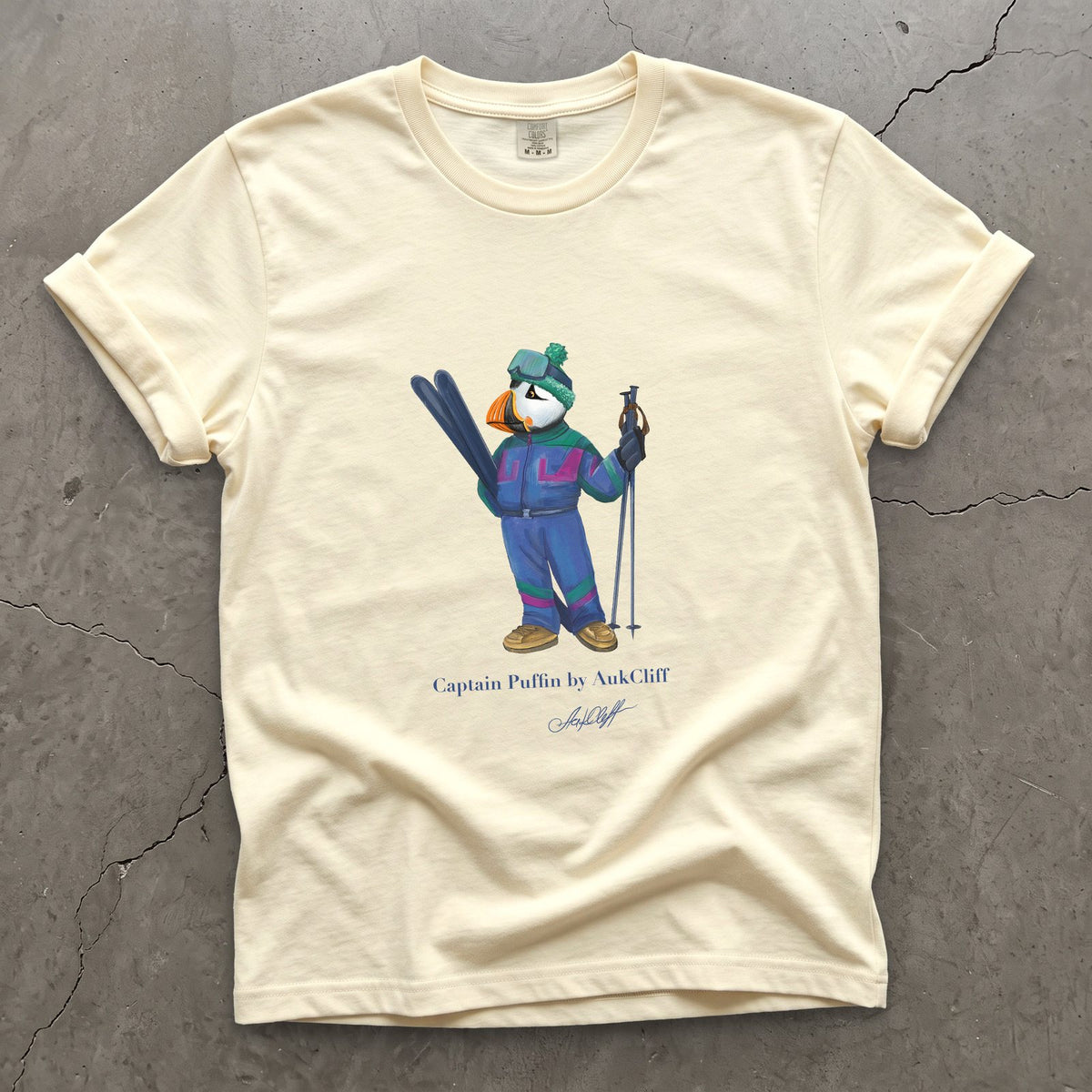 Captain Puffin Retro Ski on a Ivory Comfort Colors t-shirt
