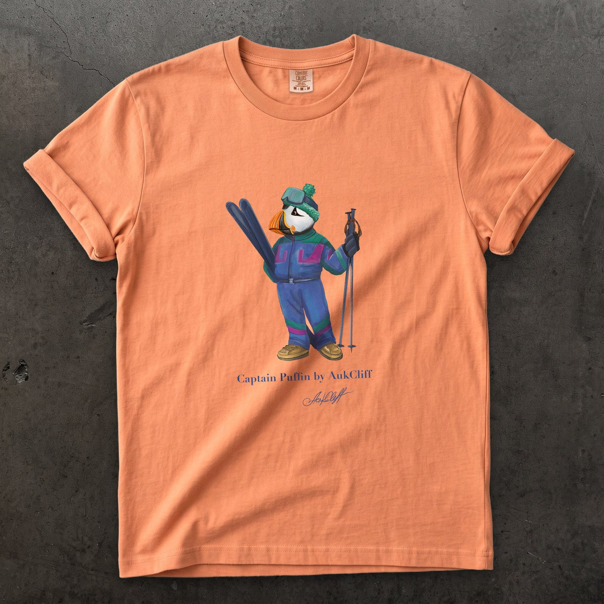 Captain Puffin Retro Ski on a Terracotta Comfort Colors t-shirt