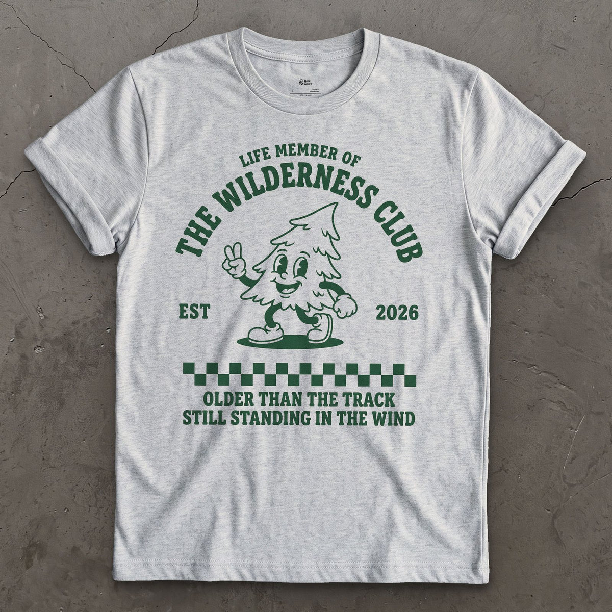 Life Member of the Wilderness Club, Older Than the Track design on a Sport Grey Gildan Softstyle t-shirt