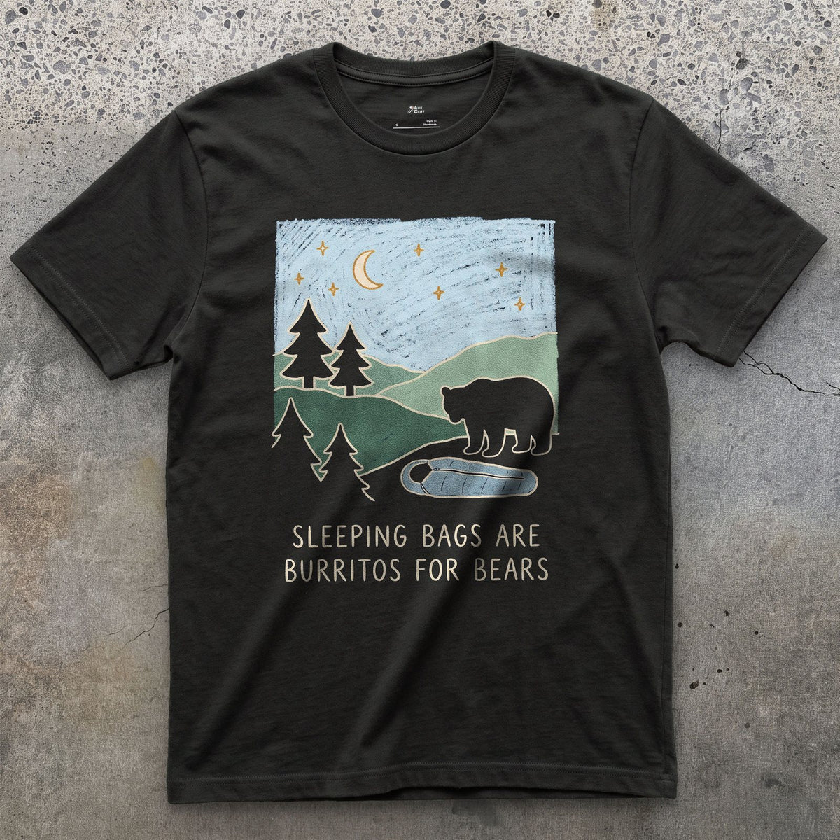Sleeping Bags Are Burritos for Bears design on a Black Gildan Softstyle t-shirt