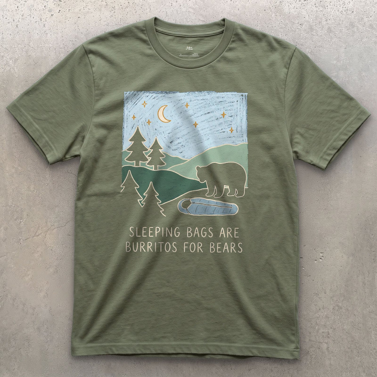 Sleeping Bags Are Burritos for Bears design on a Military Green Gildan Softstyle t-shirt
